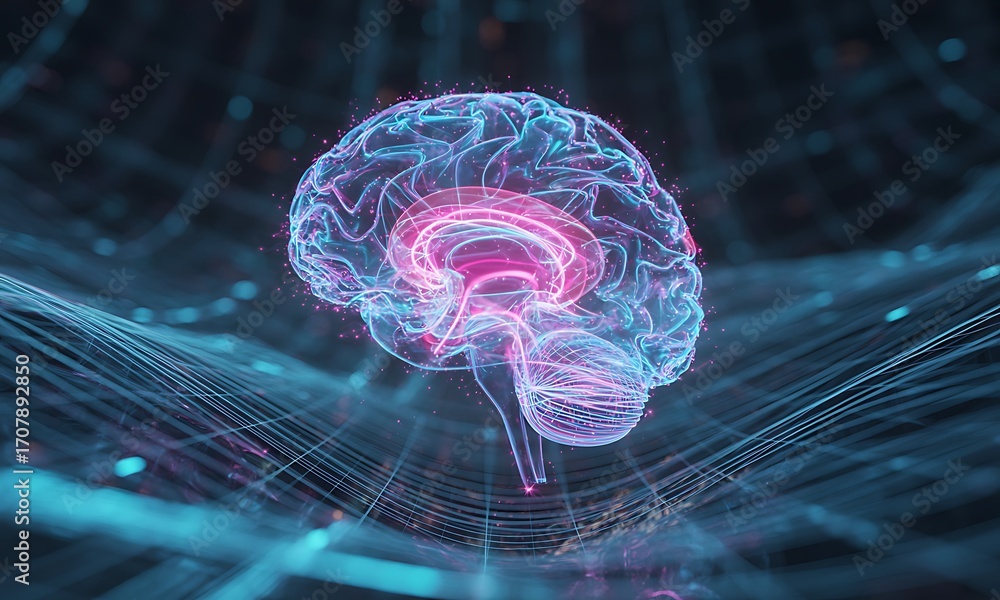 Poster futuristic 3d rendering of human brain with glowing neural pathways, ideal for illustrating artifici