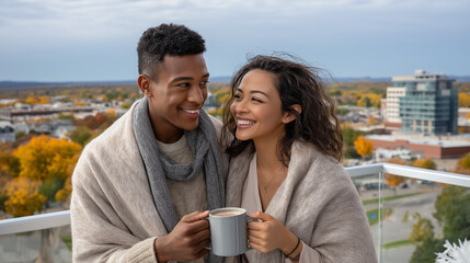 Young couple, an Asian man and a Black woman, wrapped in cozy blankets, enjoying warm drinks on a balcony with vibrant autumn foliage in the background, capturing a romantic fall moment