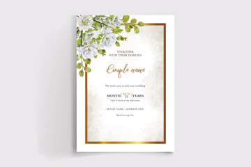 WEDDING INVITATION FRAME WITH FLOWER DECORATIONS AND FRESH LEAVES