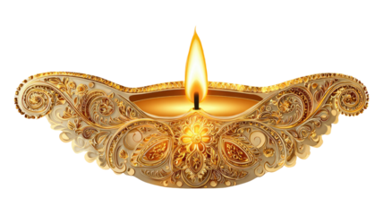 Beautiful Diwali Oil Lamp Diya with Warm Glowing Flame for Traditional Festival Celebration and Spiritual Decoration isolated on white background
