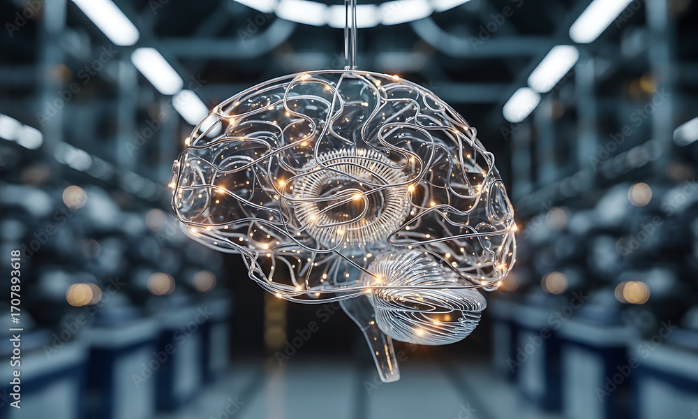 Poster futuristic digital brain model with illuminated neural pathways, ideal for illustrating artificial i