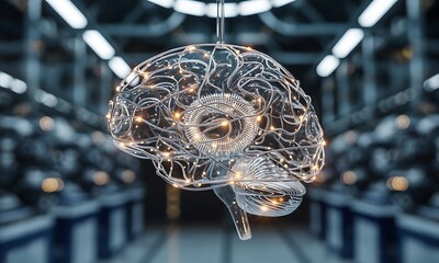 Futuristic digital brain model with illuminated neural pathways, ideal for illustrating artificial intelligence, neuroscience research, and advanced technology concepts