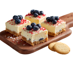 Four small cheesecake squares, topped with blueberries and red sprinkles, on a wooden board