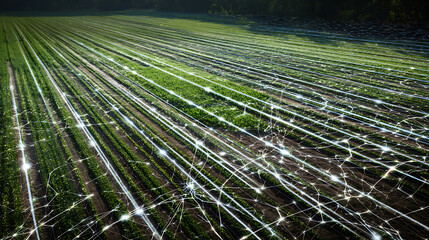 Agricultural field with illuminated network overlay, depicting smart farming technology integration