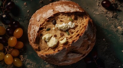 Crusty bread with cheese and grapes