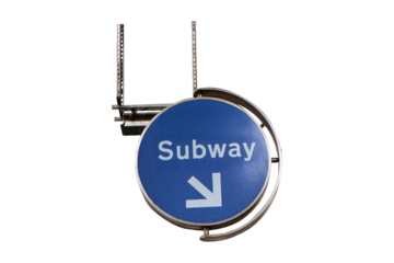 Signs blue circle aluminum with white letters Subway and arrow isolated on cutout PNG or transparent background. Provides directions to underground metro station sign.