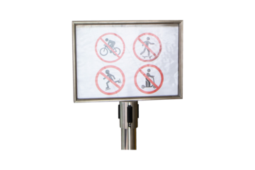 White signs icon symbol plate with man icon for No cycling, no skateboarding, no electric scooters isolated on cutout PNG or transparent background. Warning of prohibited areas for playing.