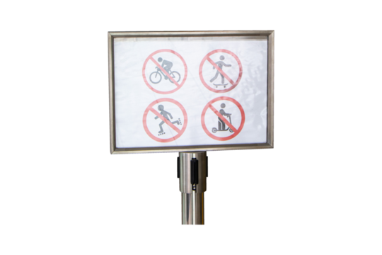 White signs icon symbol plate with man icon for No cycling, no skateboarding, no electric scooters isolated on cutout PNG or transparent background. Warning of prohibited areas for playing. - Powered by Adobe