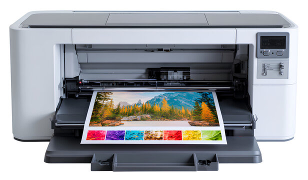  an hp printer printing a colorful photo on a white background, transparent png, no person in the picture, hyper-realistic