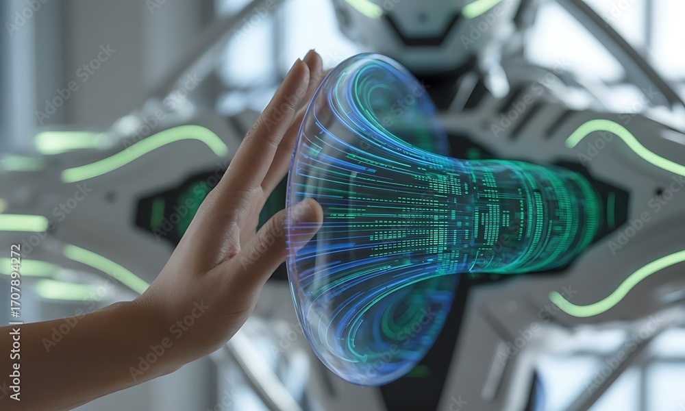 Poster human hand interacting with futuristic holographic interface controlled by humanoid robot, ideal for