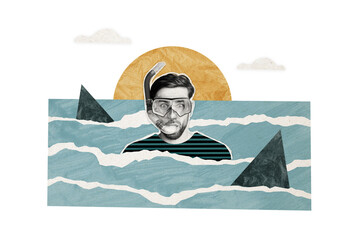 Composite photo collage of astonished scary guy wear swim equipment tube mask shark attack wild...