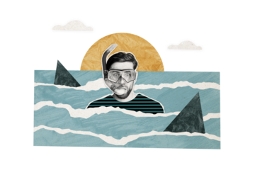 Composite photo collage of astonished scary guy wear swim equipment tube mask shark attack wild ocean trip isolated on painted background