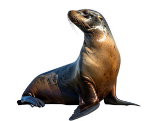Naklejka premium Sea Lion Sitting on Rocky Shore, Side Profile, isolated on transparent background