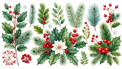 Watercolor Christmas Floral Collection: Holly, Berries, Pine, and Poinsettia