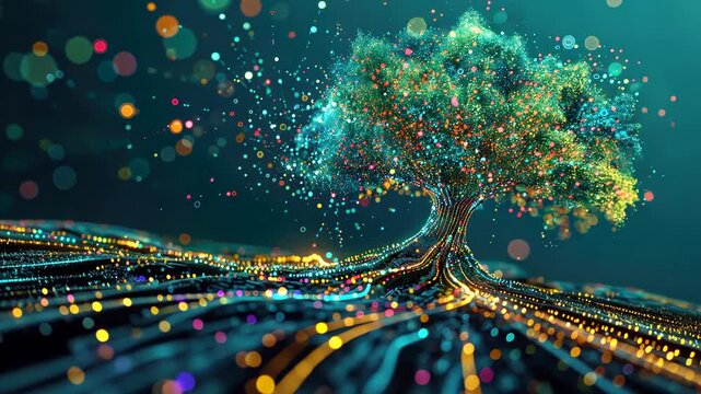 A tree made of colorful data leaves and binary code roots, illustrating the growth of knowledge in the digital age. Big data visualization