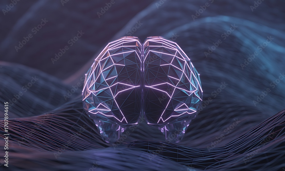 Poster futuristic polygonal brain with glowing neon lines on abstract wireframe landscape, ideal for ai, ne