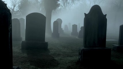 Fog rolling through spooky cemetery at dawn. Media - Powered by Adobe