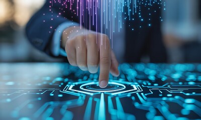 Naklejka premium Businessman pressing digital interface with glowing holographic data flow, ideal for illustrating futuristic technology, innovation, and secure touch activation concepts