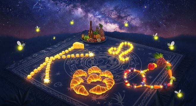 Magical night with glowing zodiac signs and food on a carpet