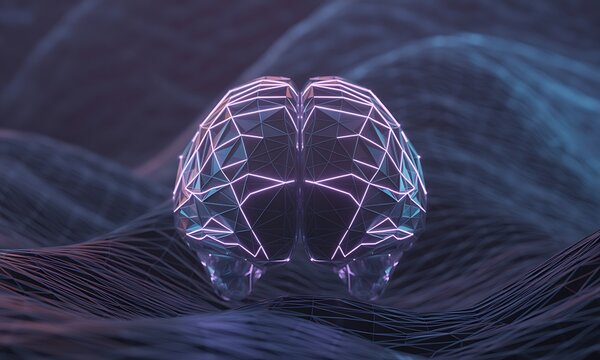 Futuristic polygonal brain with glowing neon lines on abstract wireframe landscape, ideal for AI, neural networks, and digital technology concepts