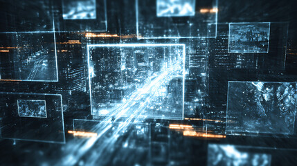 Digital data network visualization with glowing interfaces and abstract code streams