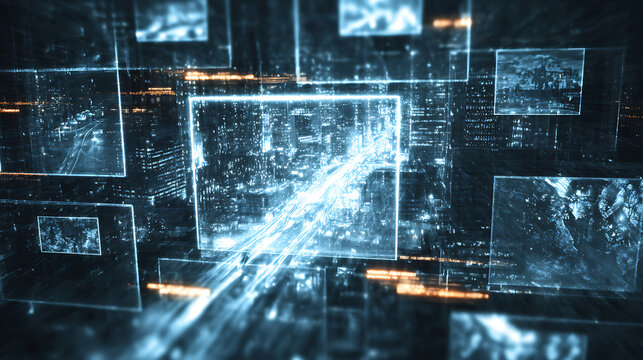 Digital data network visualization with glowing interfaces and abstract code streams