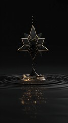 A geometric, black star-shaped object descends into dark liquid, creating ripples and golden sparkles.  The scene is minimalist and dark, highlighting the star's intricate design