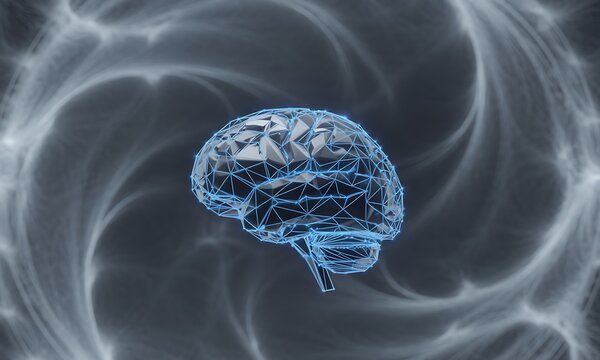 Futuristic 3D wireframe human brain with glowing blue lines on dark abstract background, ideal for illustrating neuroscience, AI technology, and digital innovation concepts - Powered by Adobe