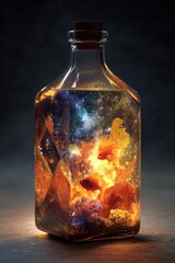 A glass bottle, corked, contains a miniature cosmos; swirling nebulae, orange fish, and luminescent rocks.  Illuminated from below, it sits on a dark surface