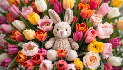 Adorable Beige Bunny Amidst Vibrant Spring Tulips