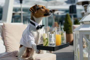 Dog in a tuxedo serving drinks at a sunny outdoor cafe during a lively afternoon gathering with friends