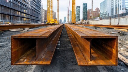 Obraz premium Construction Site with Steel Beams and Cranes in a Modern Cityscape