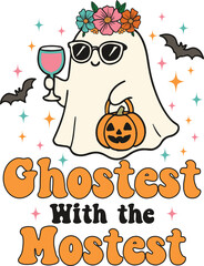 Fototapeta premium ghostest with the mostest - Cute Spooky Ghost Clipart t-shirt, funny cute Witchy halloween design, Scary Sheet Ghost typography t shirt 