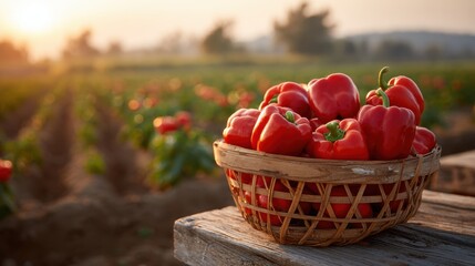 Basket of ripe red bell peppers on a wooden table in a field.