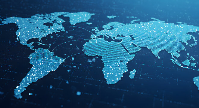 Digital World Map Connection Technology with Blue Hues, Illustrating Global Network Connectivity and International Communications, with a Focus on Modern