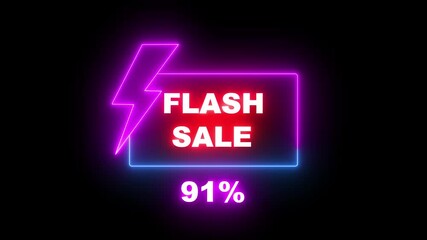 Blue and purple neon sign promoting a flash sale with a bold -91% discount. Perfect for showcasing digital marketing and e-commerce promotions - Powered by Adobe
