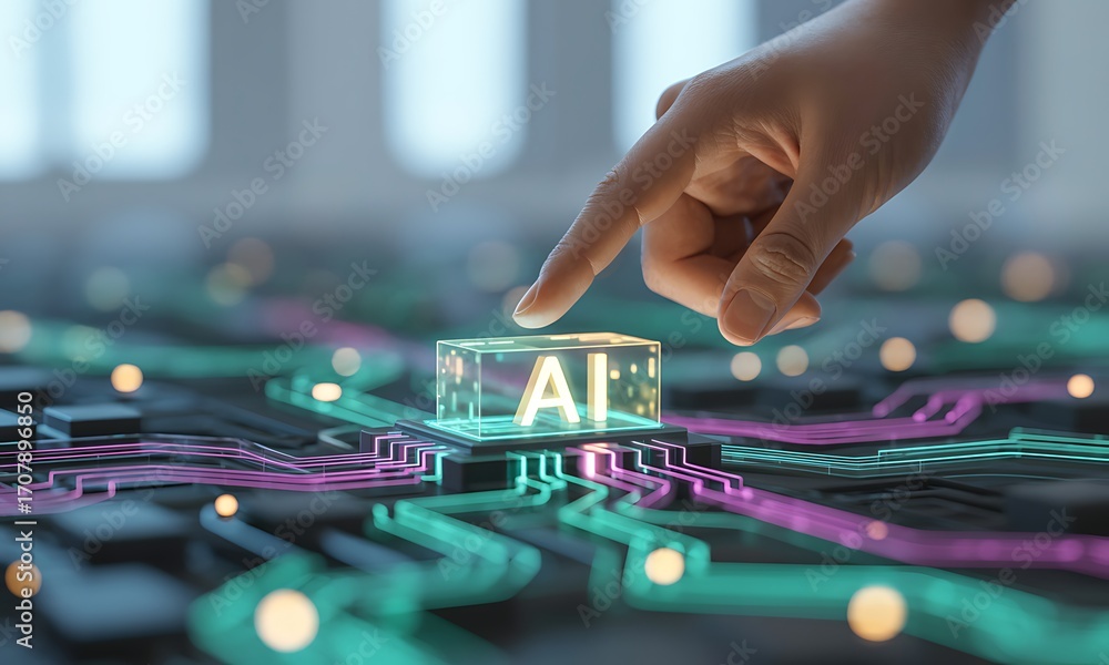 Poster human hand activating glowing ai interface block on futuristic circuit board, ideal for illustrating