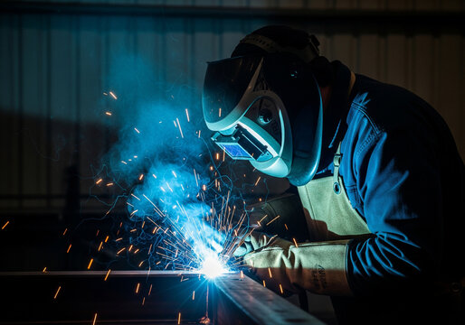 Welder working on metal in workshop with sparks flying and protective gear on, showcasing industrial craftsmanship and safety measures.