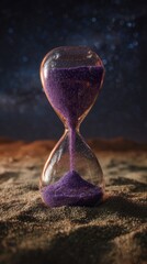 A glass hourglass with purple sand rests on a desert landscape under a starlit night sky; the sand slowly flows, symbolizing the passage of time against the vastness of space