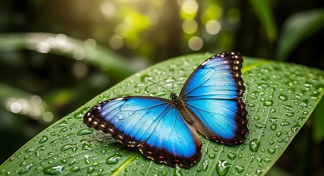Beautiful blue morpho butterfly resting on a leaf with water droplets nature photography close up insect beauty 100 - Powered by Adobe
