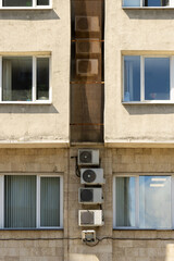 Air conditioners on the facade of the house, ventilation and cooling system, air purification technology. split system.