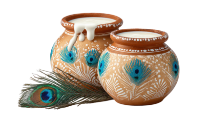 Two Traditional Clay Pots Overflowing with Fresh White Yogurt for Cultural Festival Celebration and Rustic Kitchen Decoration isolated on white background