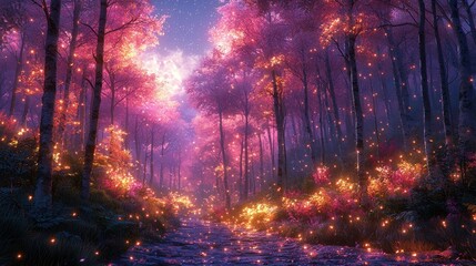 Magical glowing forest path at night. (2)