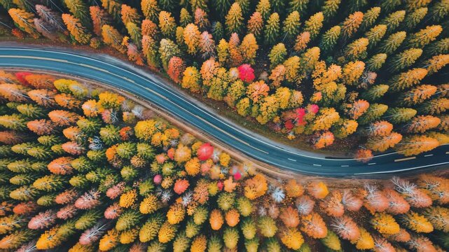 Aerial view of a country road in autumn with colorful deciduous trees on the ground