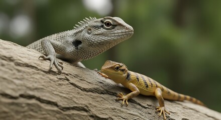 Fototapeta premium Close up of two oriental garden lizards basking on a tree branch in their natural habitat outdoors