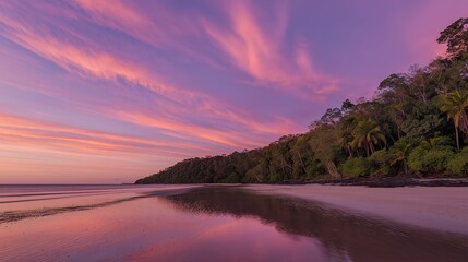sand. A breathtaking tropical beach sunset with vibrant clouds and golden reflections on the wet sand. inspiring travel planning, travel magazines, designed for outdoor magazines and nature guides.