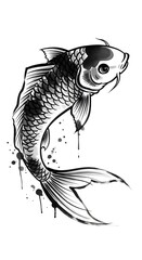 A stylized depiction of a swimming koi fish using traditional ink wash techniques with energetic splashes on a white background.