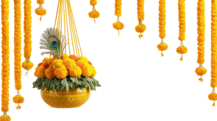 Traditional Festive Pot Dahi Handi Decorated with Bright Flowers and Colorful Ribbons for Indian Celebration isolated on white background