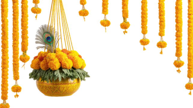 Traditional Festive Pot Dahi Handi Decorated with Bright Flowers and Colorful Ribbons for Indian Celebration isolated on white background