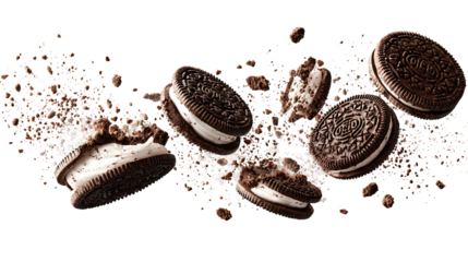 flying Oreo cookies with crumbs isolated on transparent white background